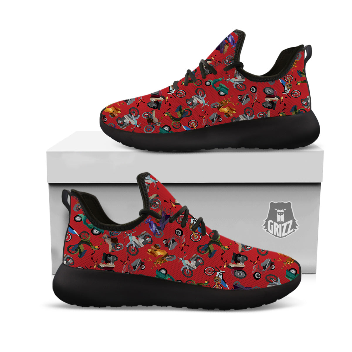 Motorcycle And Red Print Pattern Black Athletic Shoes-grizzshop