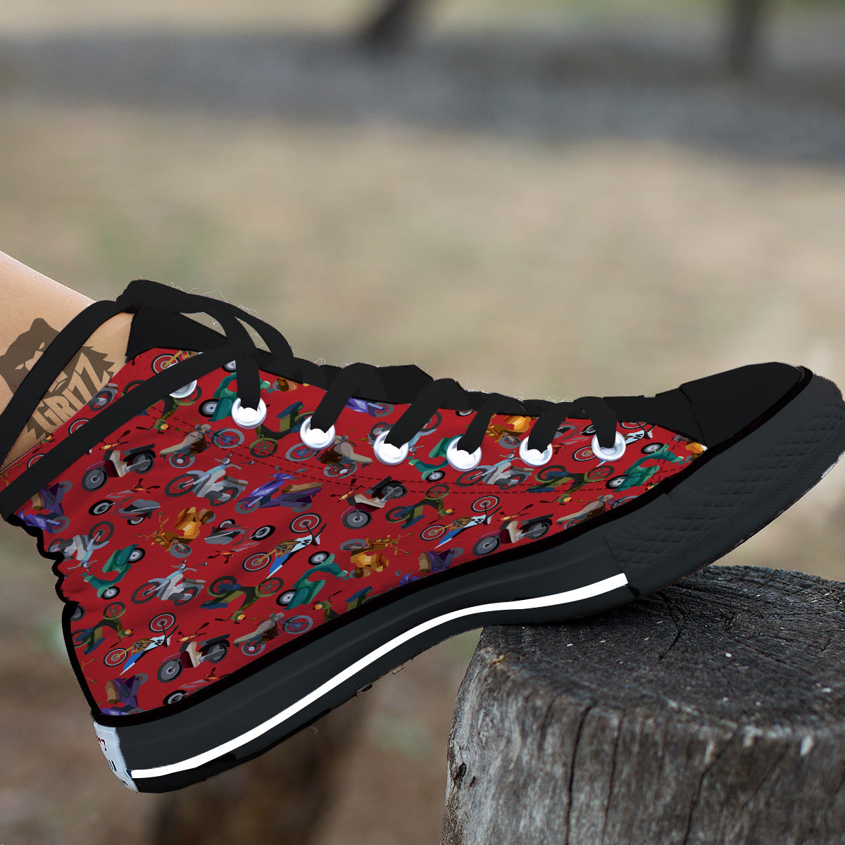 Motorcycle And Red Print Pattern Black High Top Shoes-grizzshop