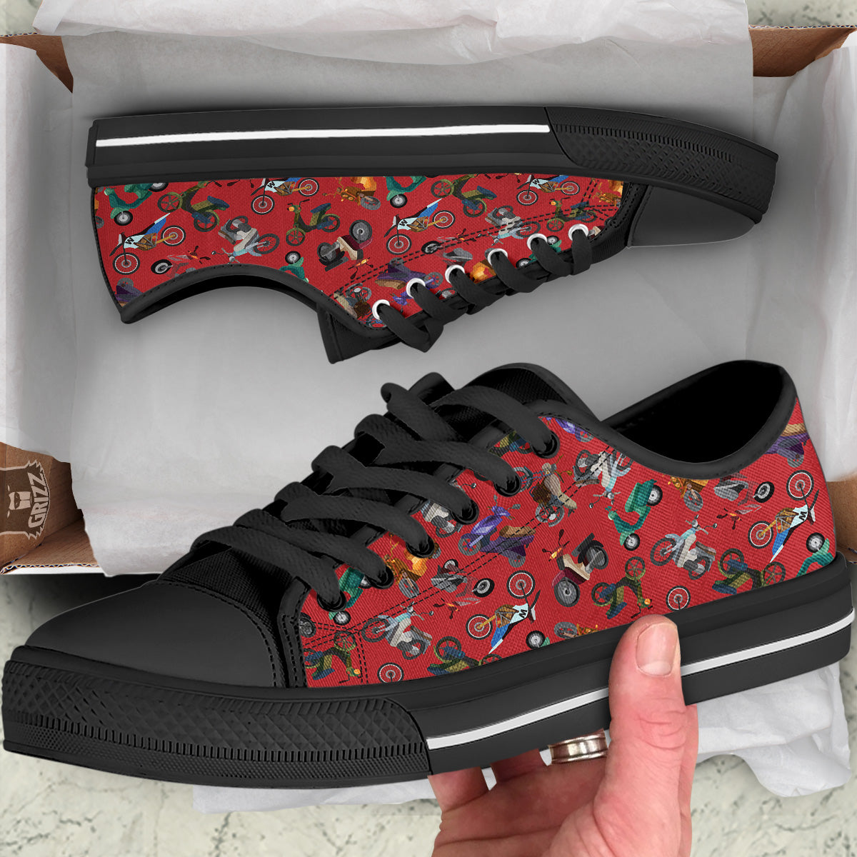 Motorcycle And Red Print Pattern Black Low Top Shoes-grizzshop