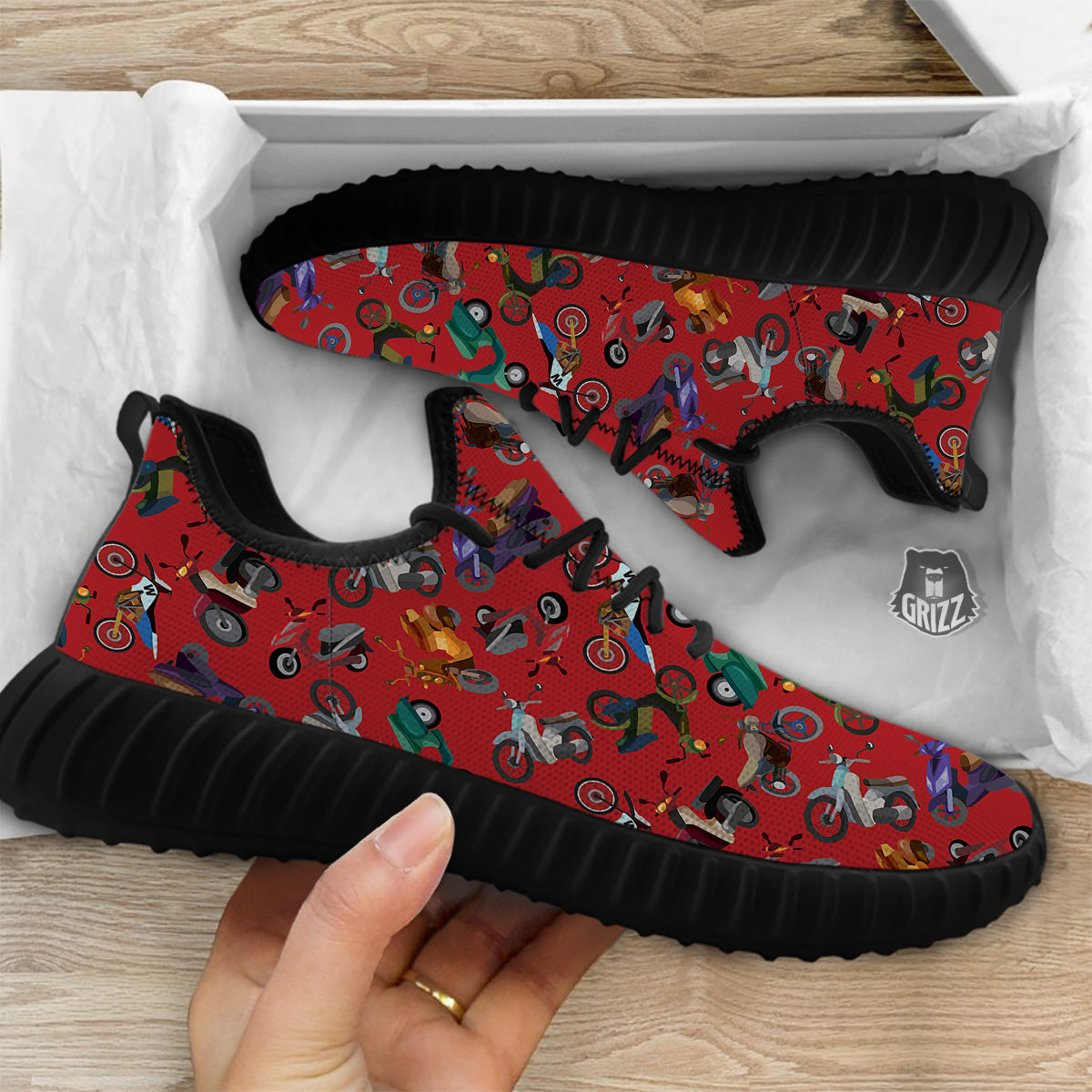 Motorcycle And Red Print Pattern Black Walking Shoes-grizzshop