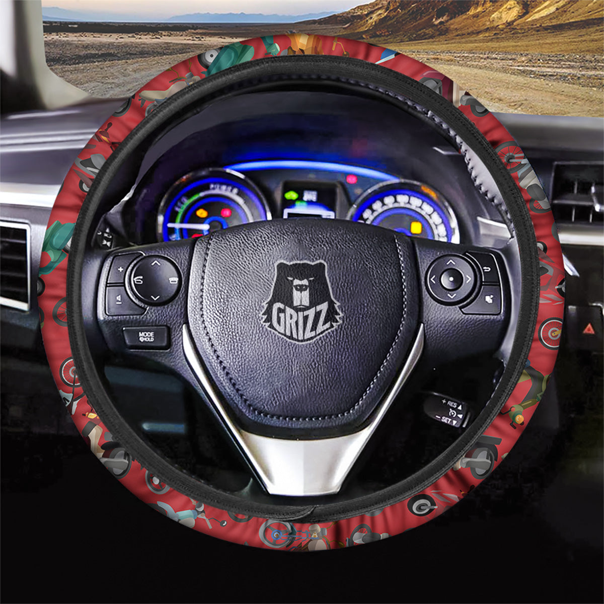 Motorcycle And Red Print Pattern Car Steering Wheel Cover-grizzshop