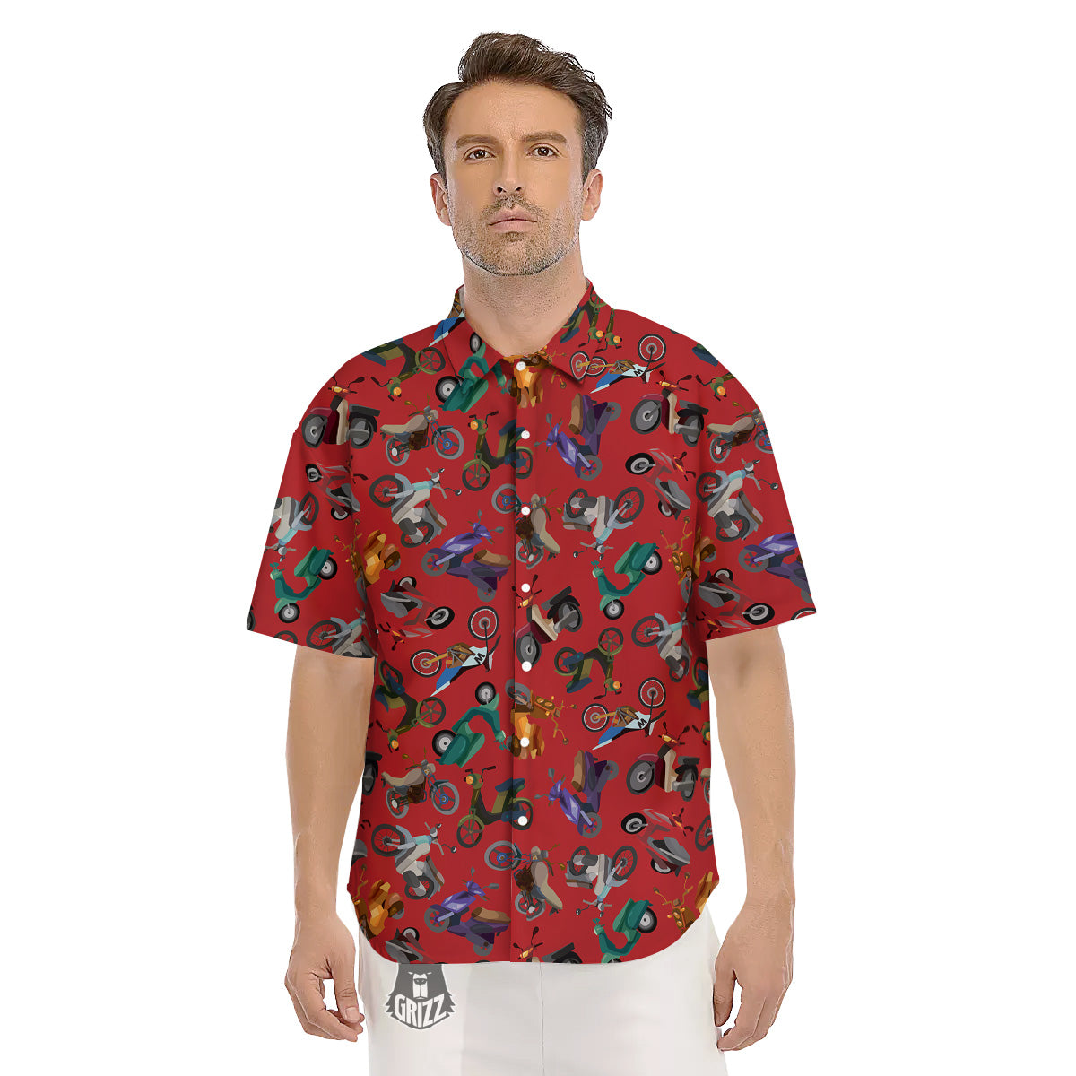 Motorcycle And Red Print Pattern Men's Short Sleeve Shirts-grizzshop