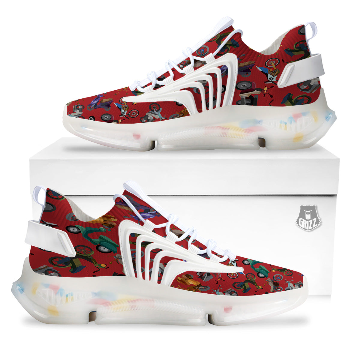 Motorcycle And Red Print Pattern White Gym Shoes-grizzshop