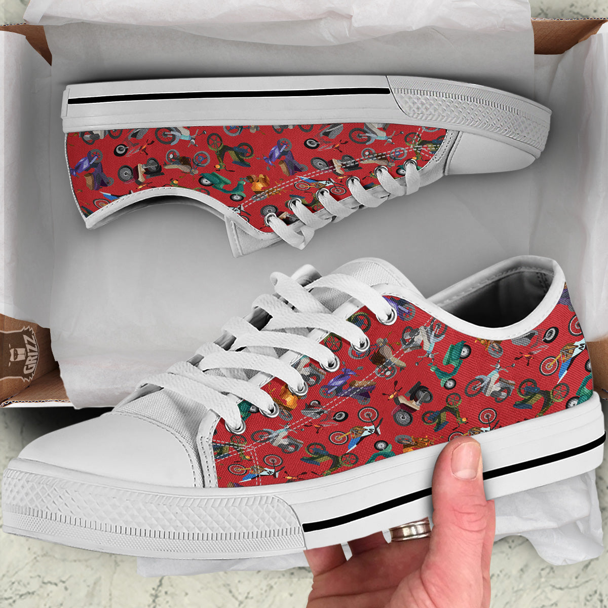 Motorcycle And Red Print Pattern White Low Top Shoes-grizzshop