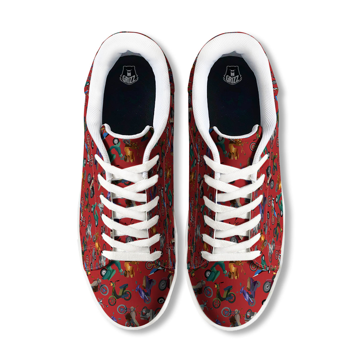 Motorcycle And Red Print Pattern White Low Top Sneakers-grizzshop