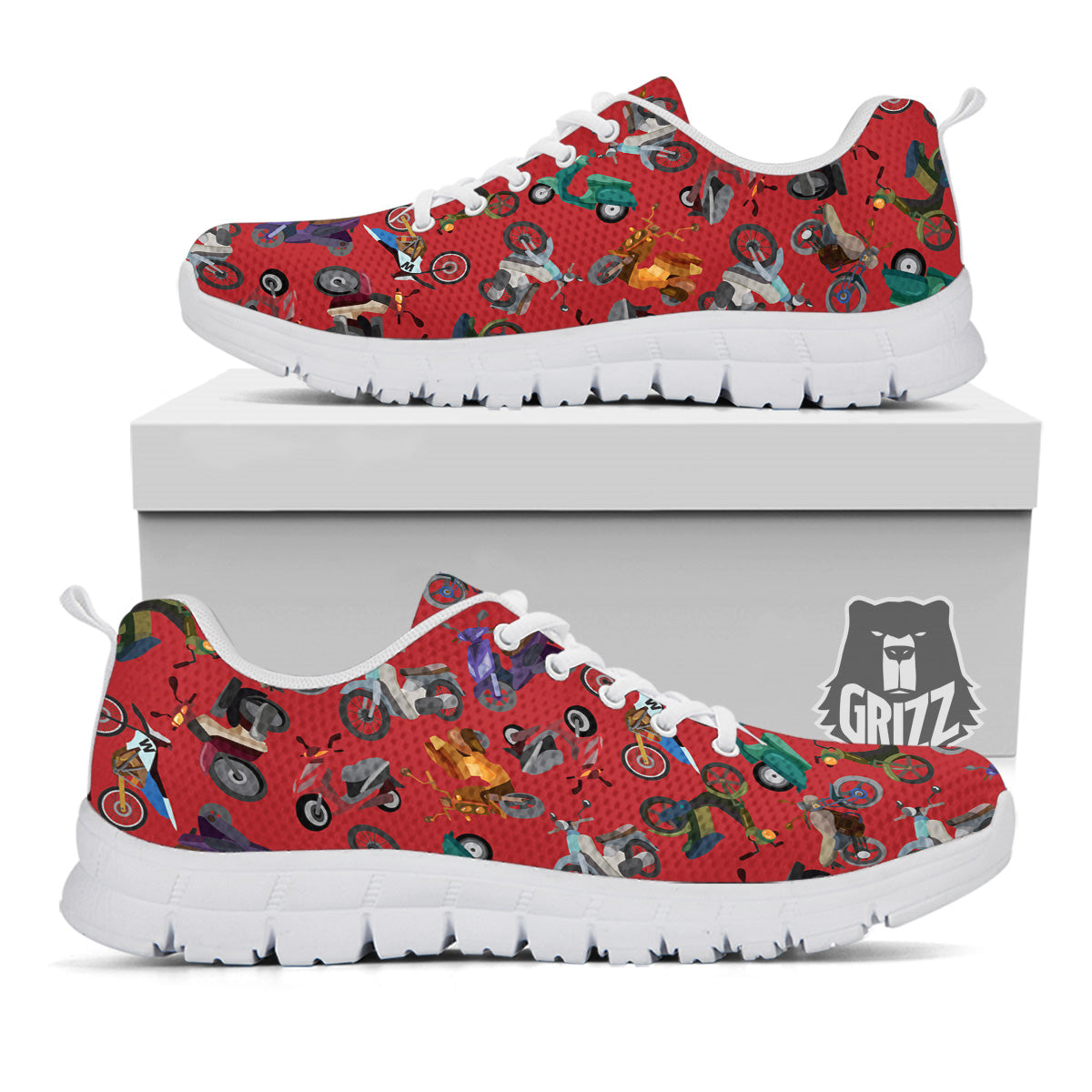 Motorcycle And Red Print Pattern White Sneaker-grizzshop