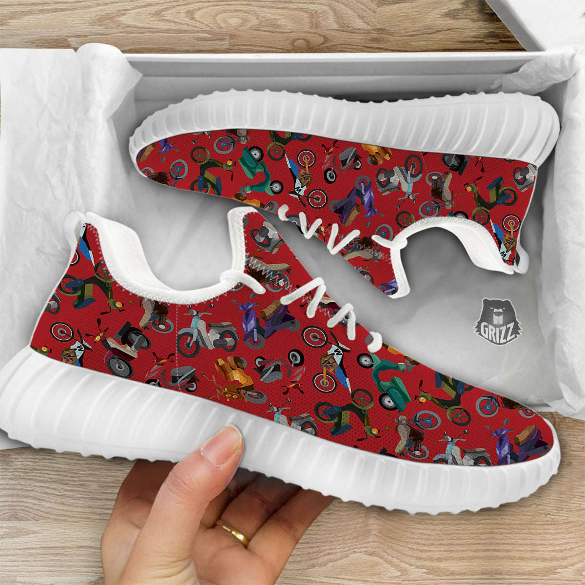 Motorcycle And Red Print Pattern White Walking Shoes-grizzshop