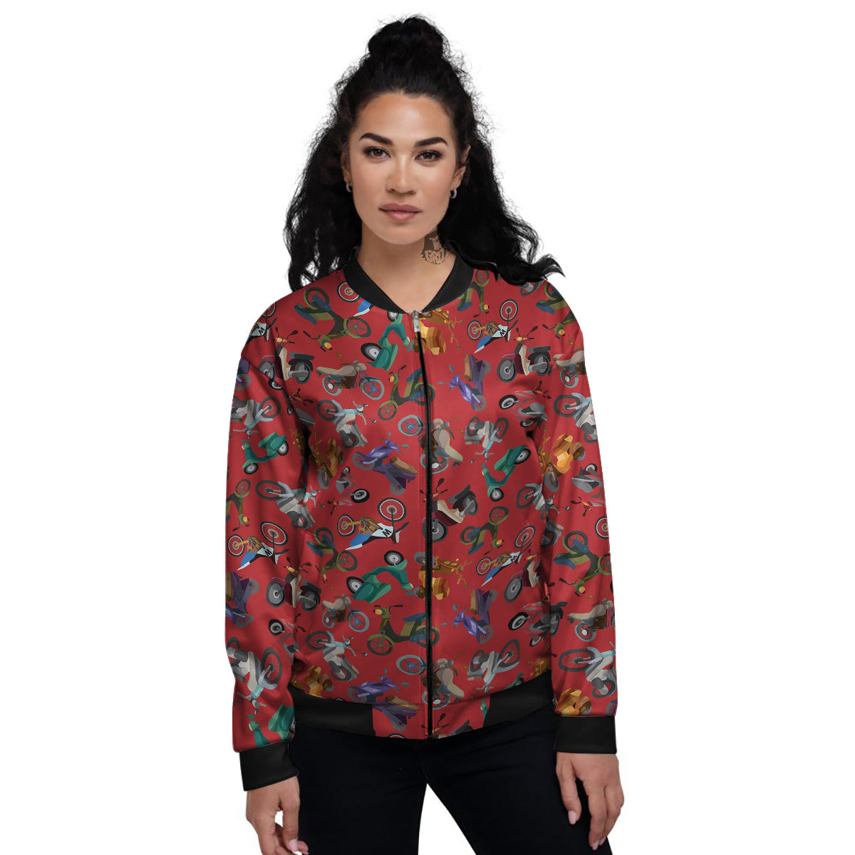 Motorcycle And Red Print Pattern Women's Bomber Jacket-grizzshop