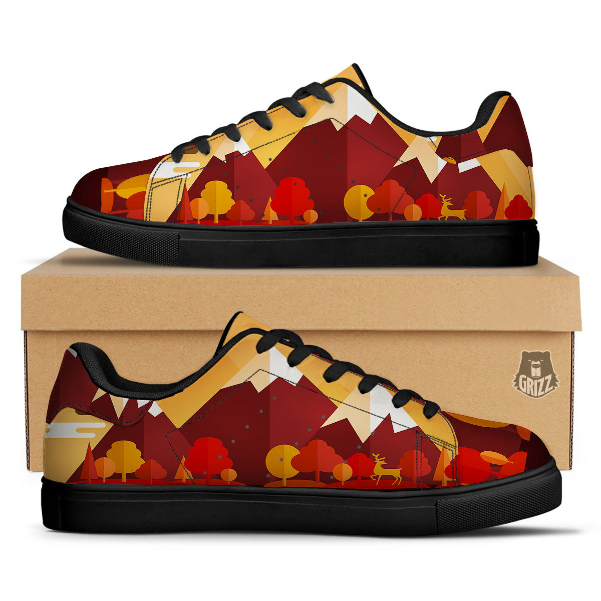 Mountain Autumn Print Black Low Top Sneakers-grizzshop