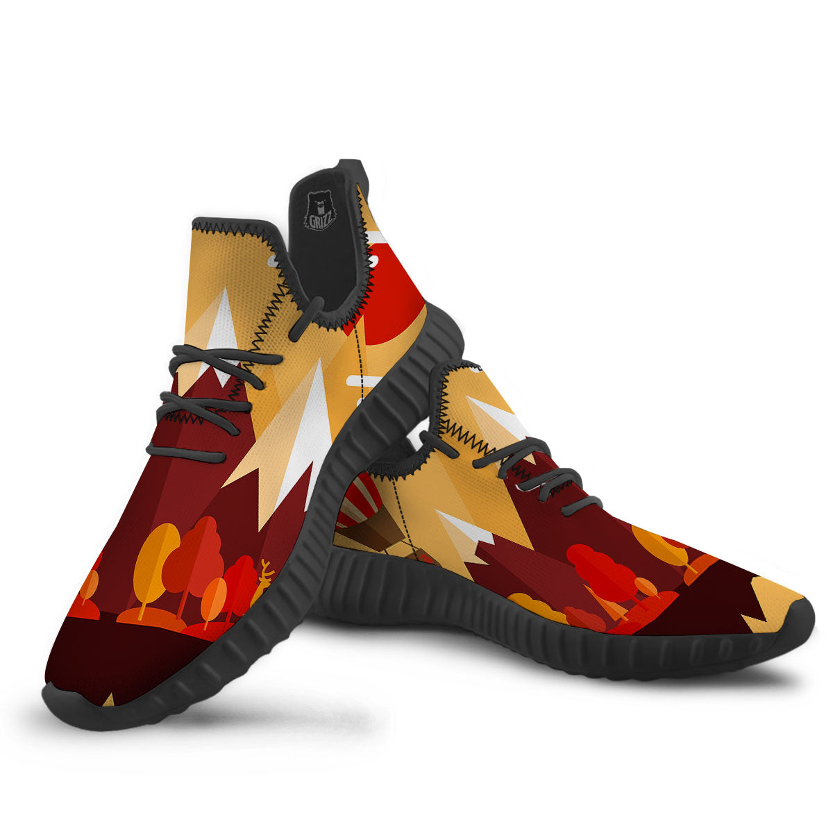 Mountain Autumn Print Black Walking Shoes-grizzshop