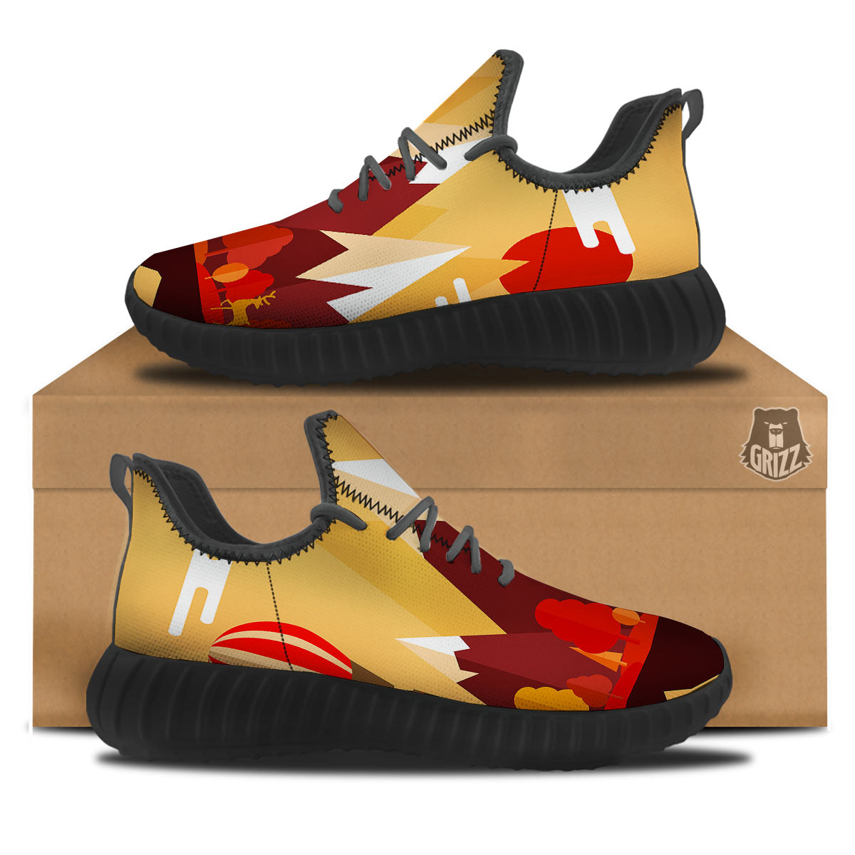 Mountain Autumn Print Black Walking Shoes-grizzshop