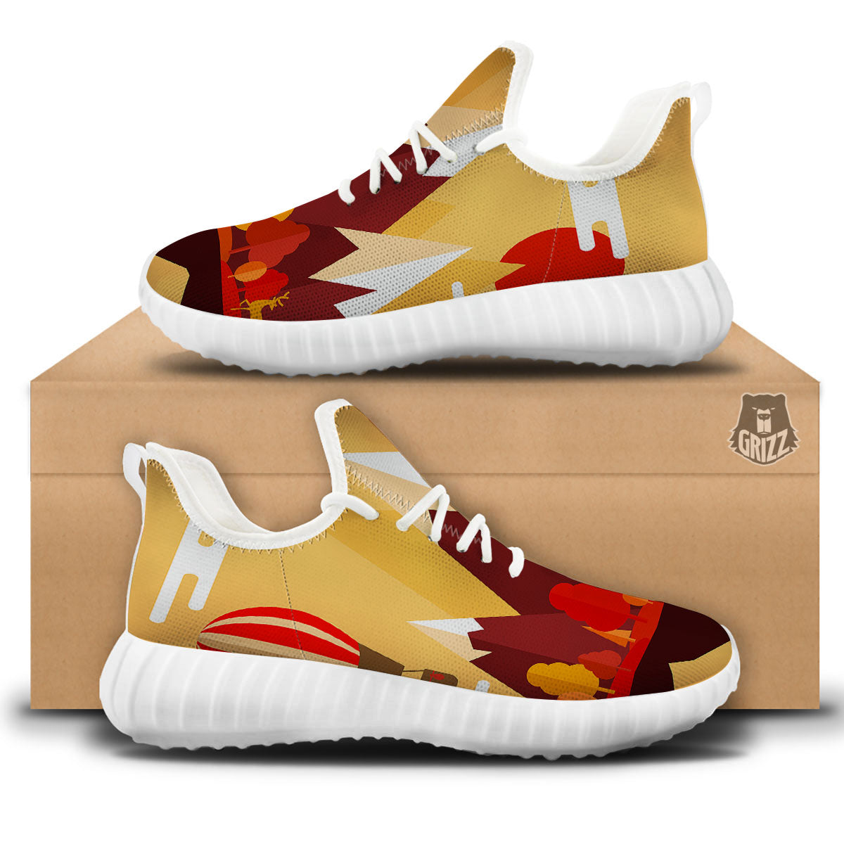 Mountain Autumn Print White Walking Shoes-grizzshop
