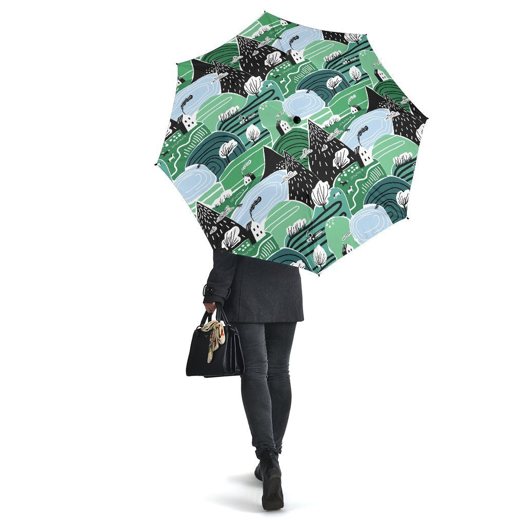 Mountain Cartoon Pattern Print Automatic Foldable Umbrella-grizzshop