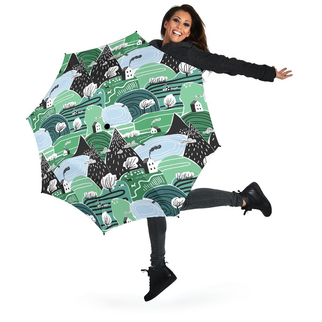 Mountain Cartoon Pattern Print Automatic Foldable Umbrella-grizzshop