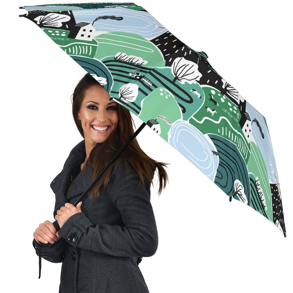 Mountain Cartoon Pattern Print Automatic Foldable Umbrella-grizzshop