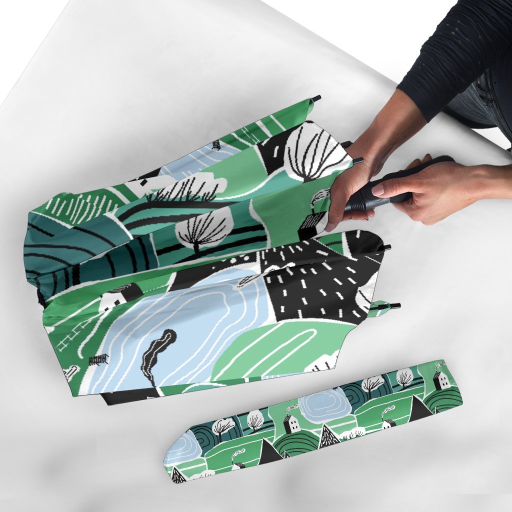 Mountain Cartoon Pattern Print Automatic Foldable Umbrella-grizzshop