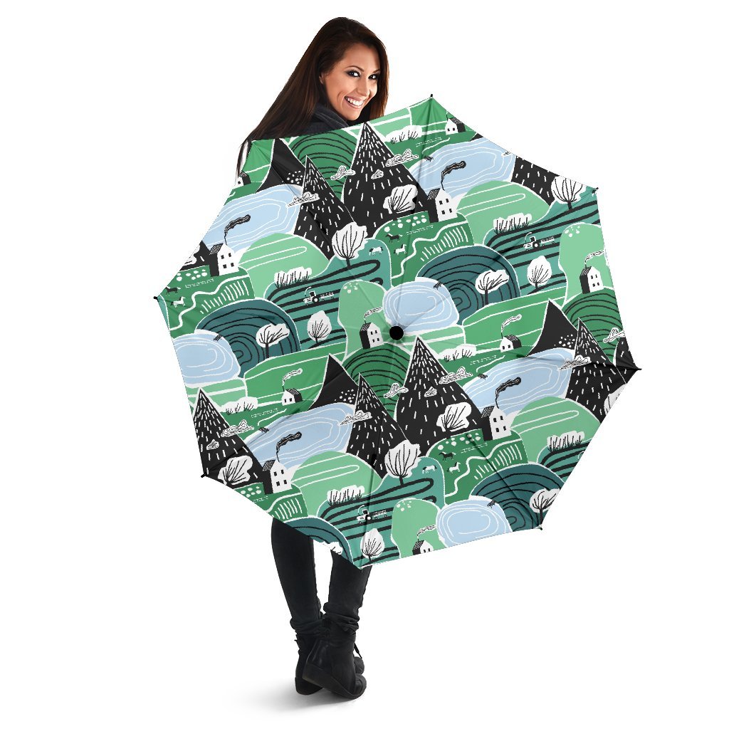 Mountain Cartoon Pattern Print Automatic Foldable Umbrella-grizzshop