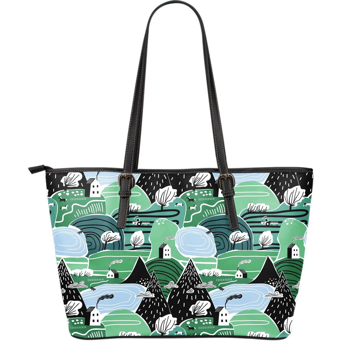 Mountain Cartoon Pattern Print Leather Tote Bag-grizzshop