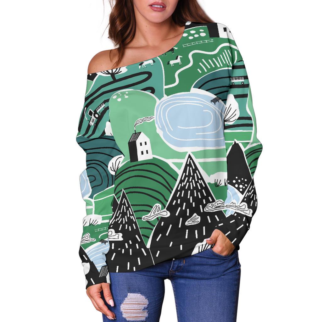 Mountain Cartoon Pattern Print Women Off Shoulder Sweatshirt-grizzshop