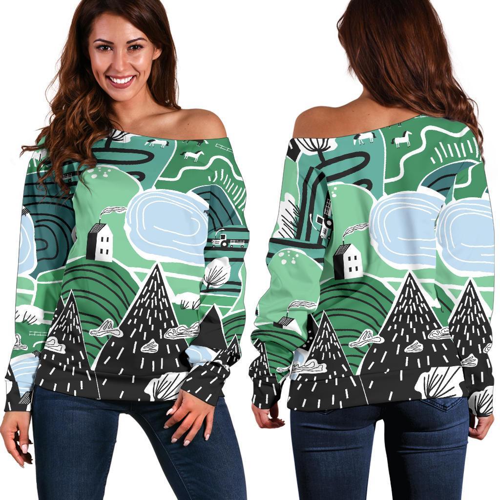 Mountain Cartoon Pattern Print Women Off Shoulder Sweatshirt-grizzshop