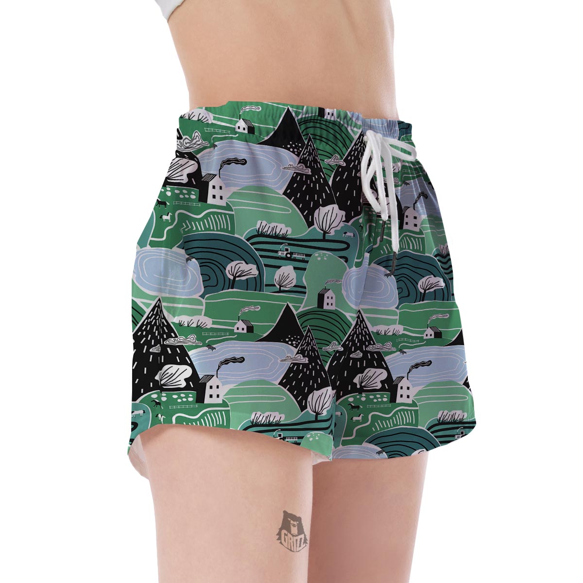 Mountain Cartoon Pattern Print Women's Shorts-grizzshop