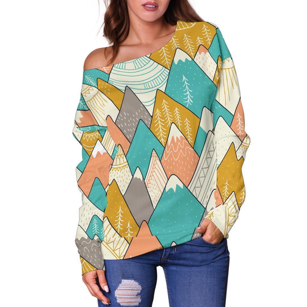 Mountain Colorful Pattern Print Women Off Shoulder Sweatshirt-grizzshop