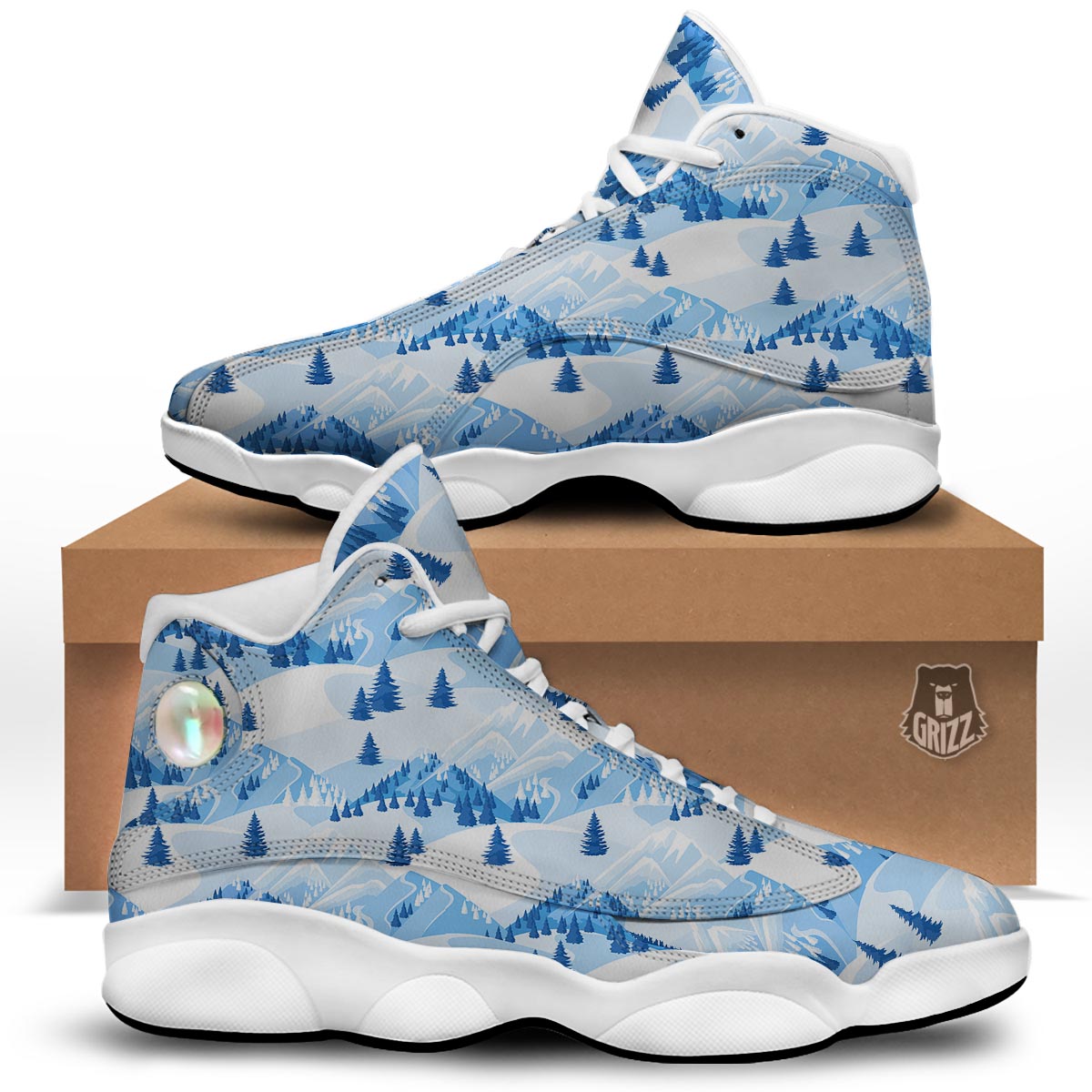 Mountain Skiing Print Pattern White Basketball Shoes-grizzshop