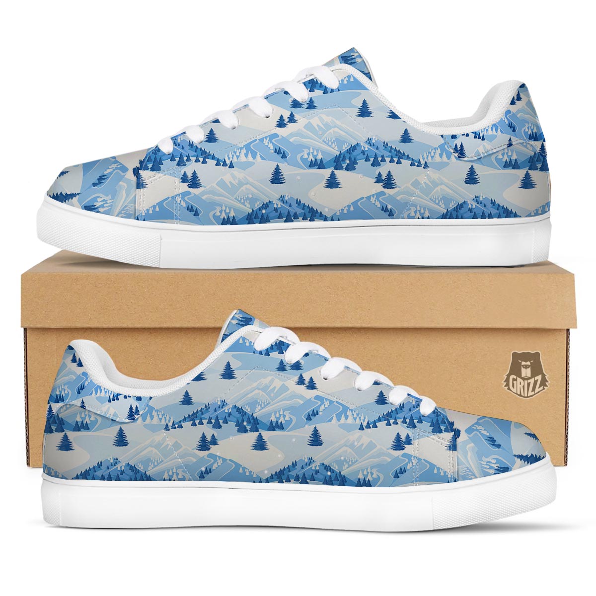 Mountain Skiing Print Pattern White Low Top Sneakers-grizzshop