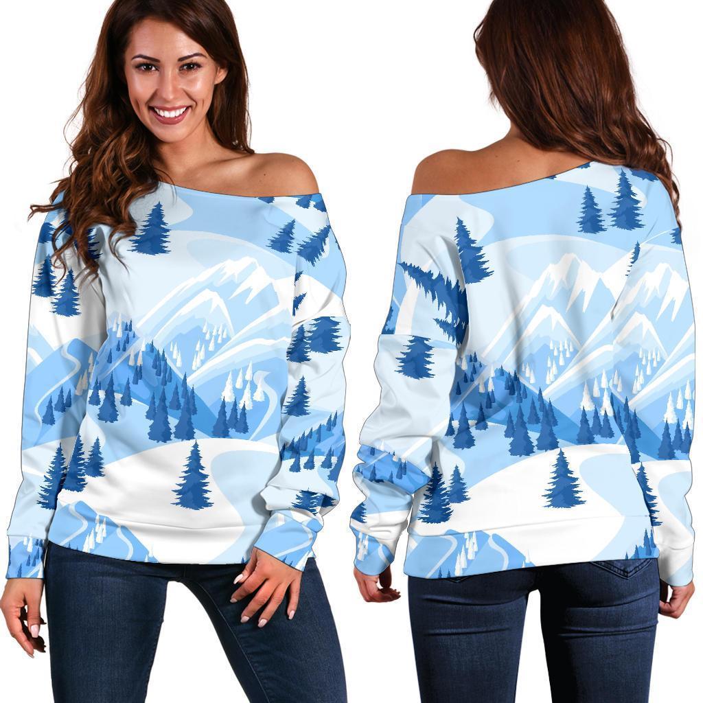 Mountain Snow Pattern Print Women Off Shoulder Sweatshirt-grizzshop