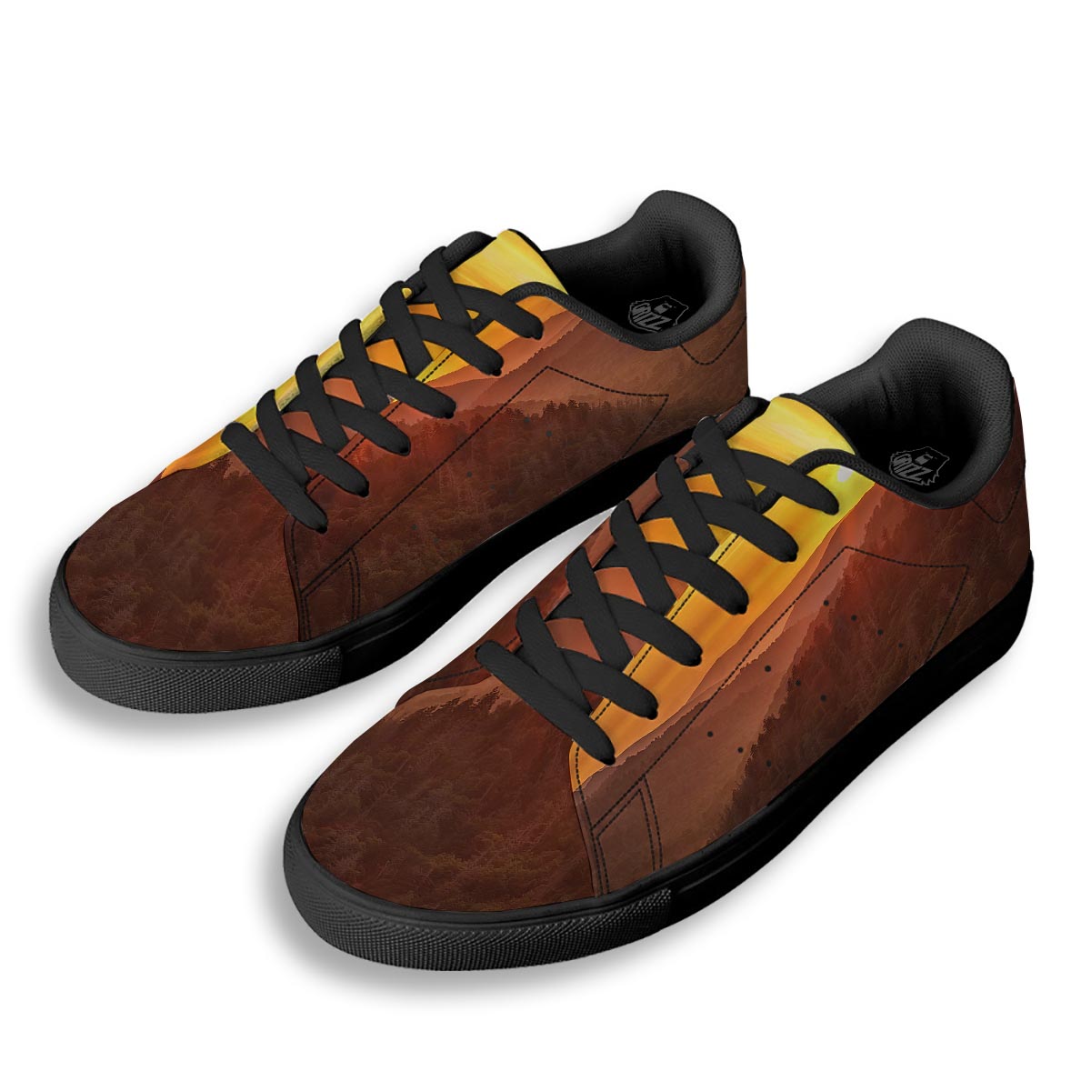 Mountain Sunset Print Black Low Top Sneakers-grizzshop