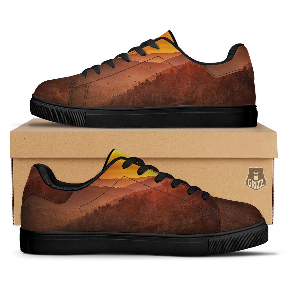 Mountain Sunset Print Black Low Top Sneakers-grizzshop