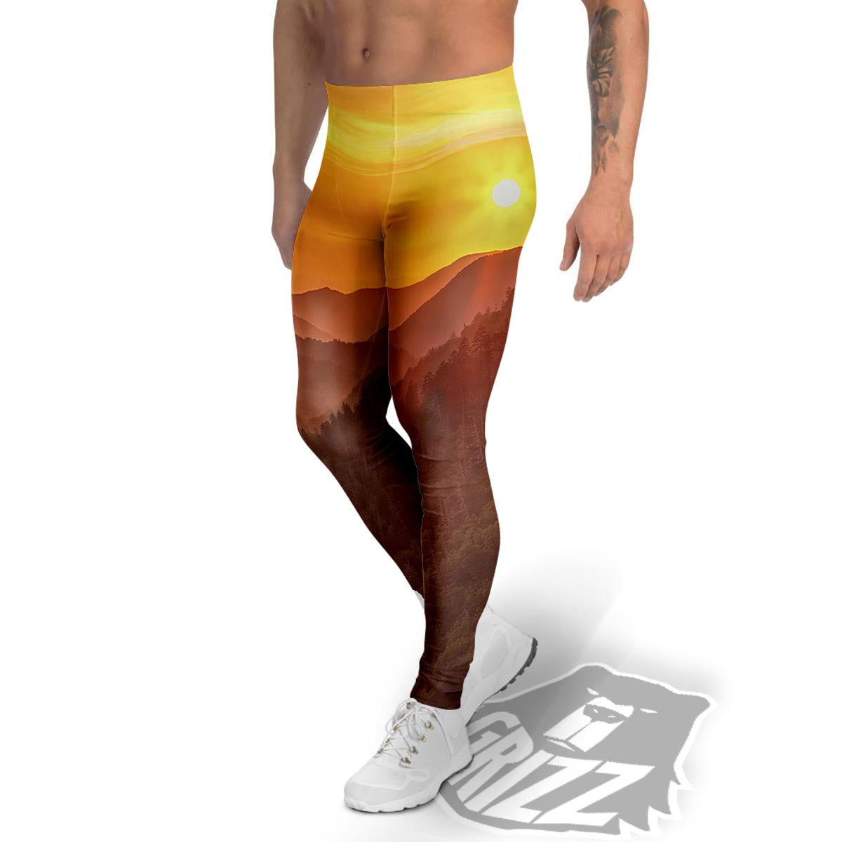 Mountain Sunset Print Men's Leggings-grizzshop