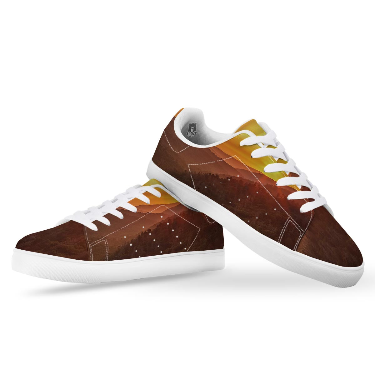 Mountain Sunset Print White Low Top Sneakers-grizzshop