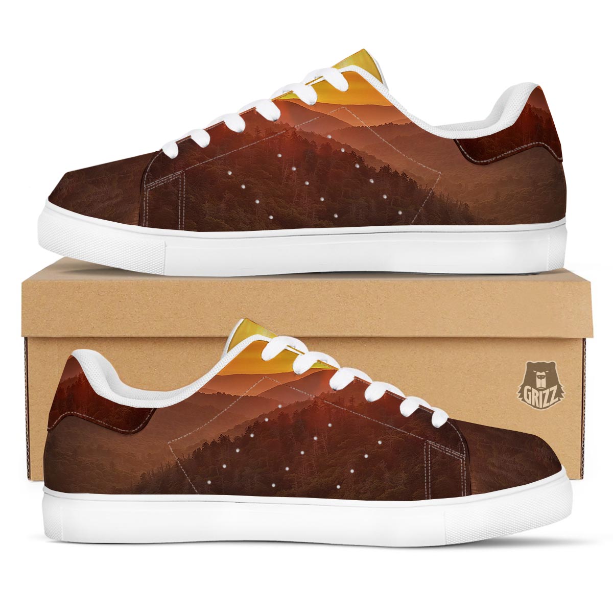 Mountain Sunset Print White Low Top Sneakers-grizzshop