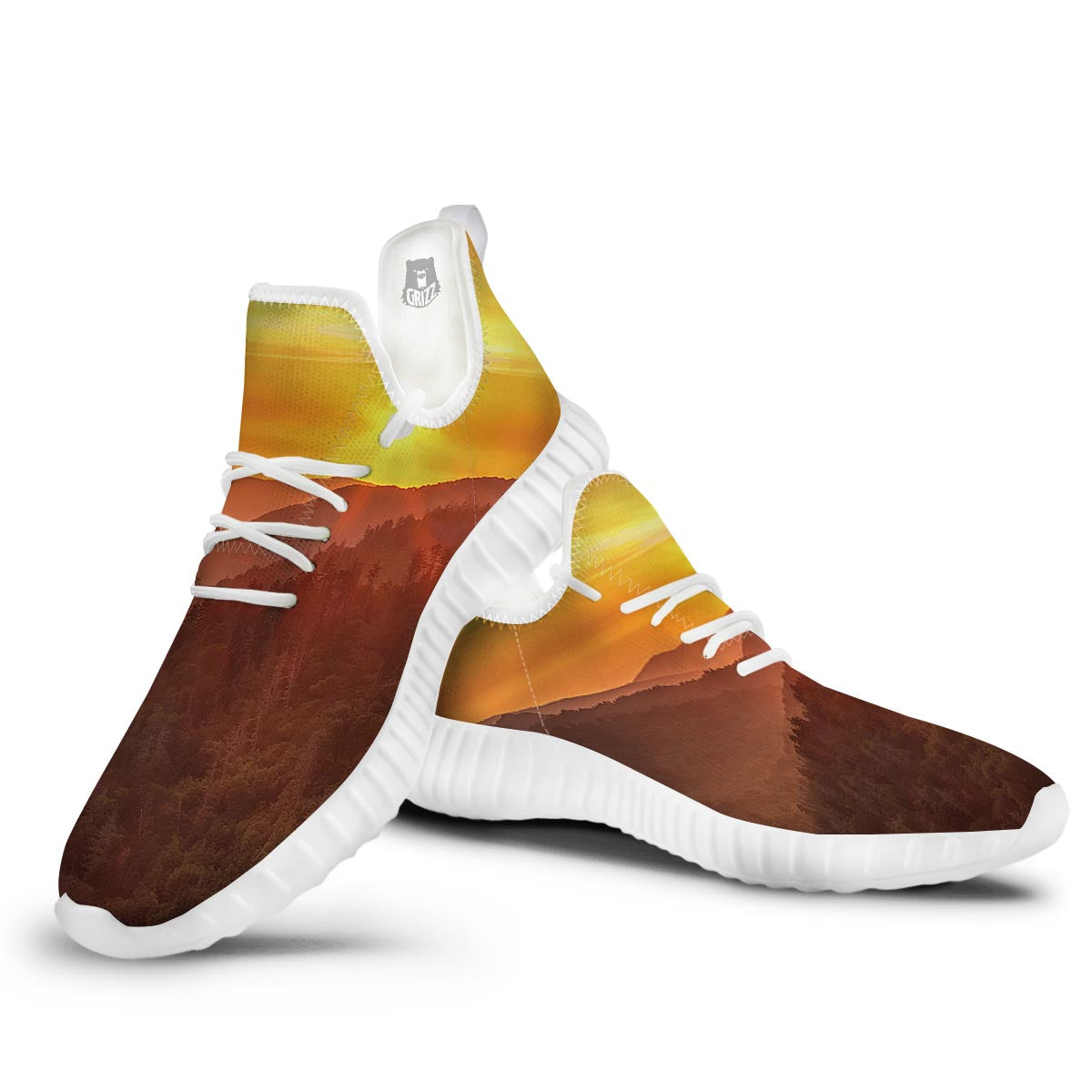 Mountain Sunset Print White Walking Shoes-grizzshop