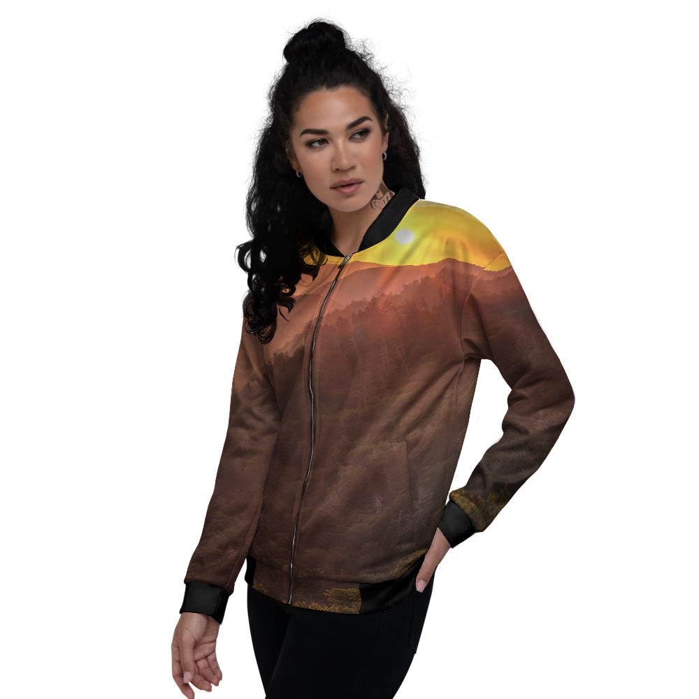 Mountain Sunset Print Women's Bomber Jacket-grizzshop