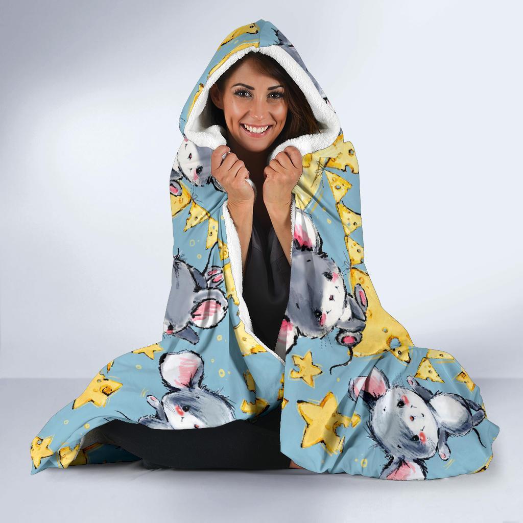 Mouse Cheese Pattern Print Hooded Blanket-grizzshop