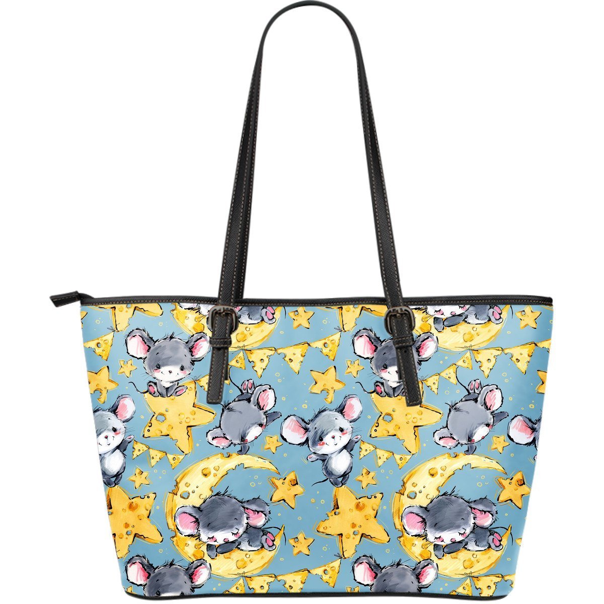 Mouse Cheese Pattern Print Leather Tote Bag-grizzshop