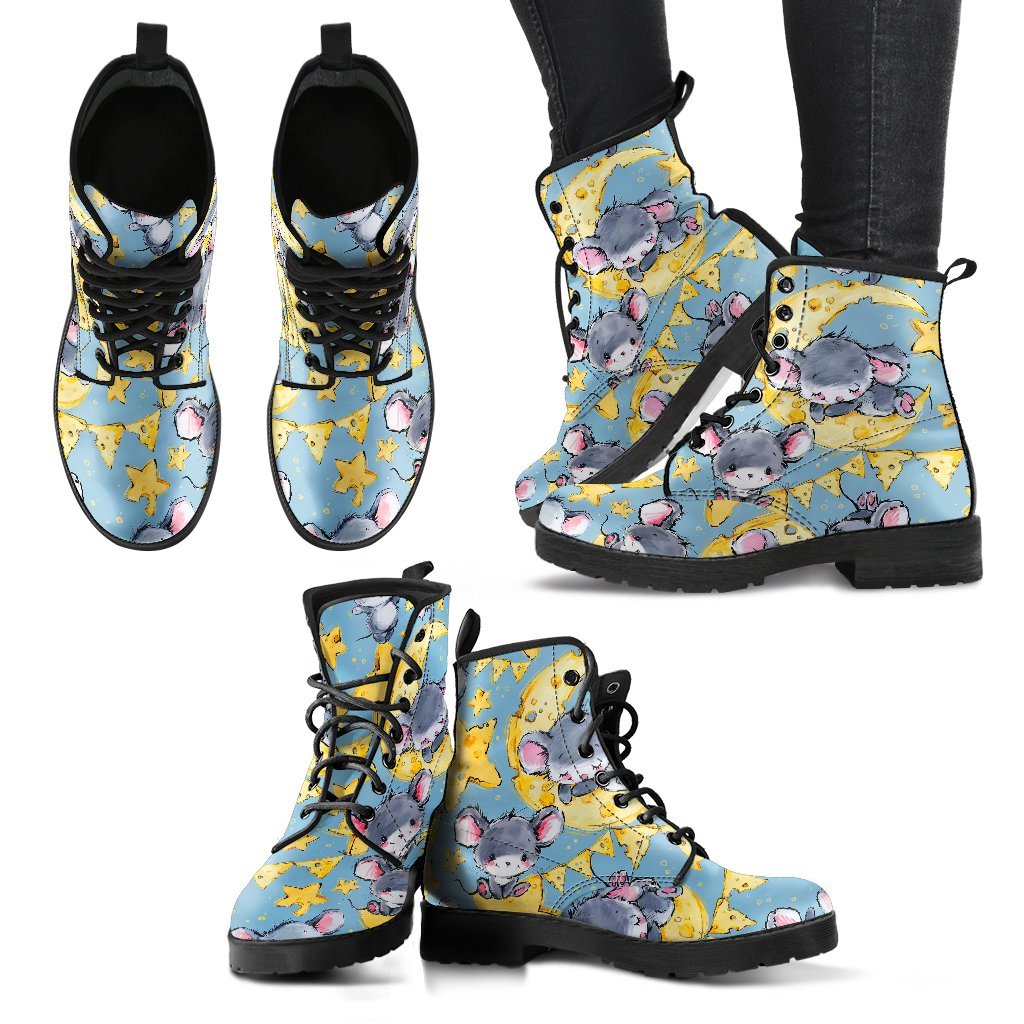 Mouse Cheese Pattern Print Men Women Leather Boots-grizzshop
