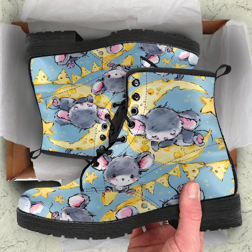Mouse Cheese Pattern Print Men Women Leather Boots-grizzshop