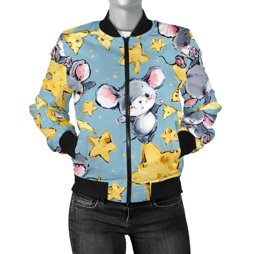 Mouse Cheese Pattern Print Women Casual Bomber Jacket-grizzshop