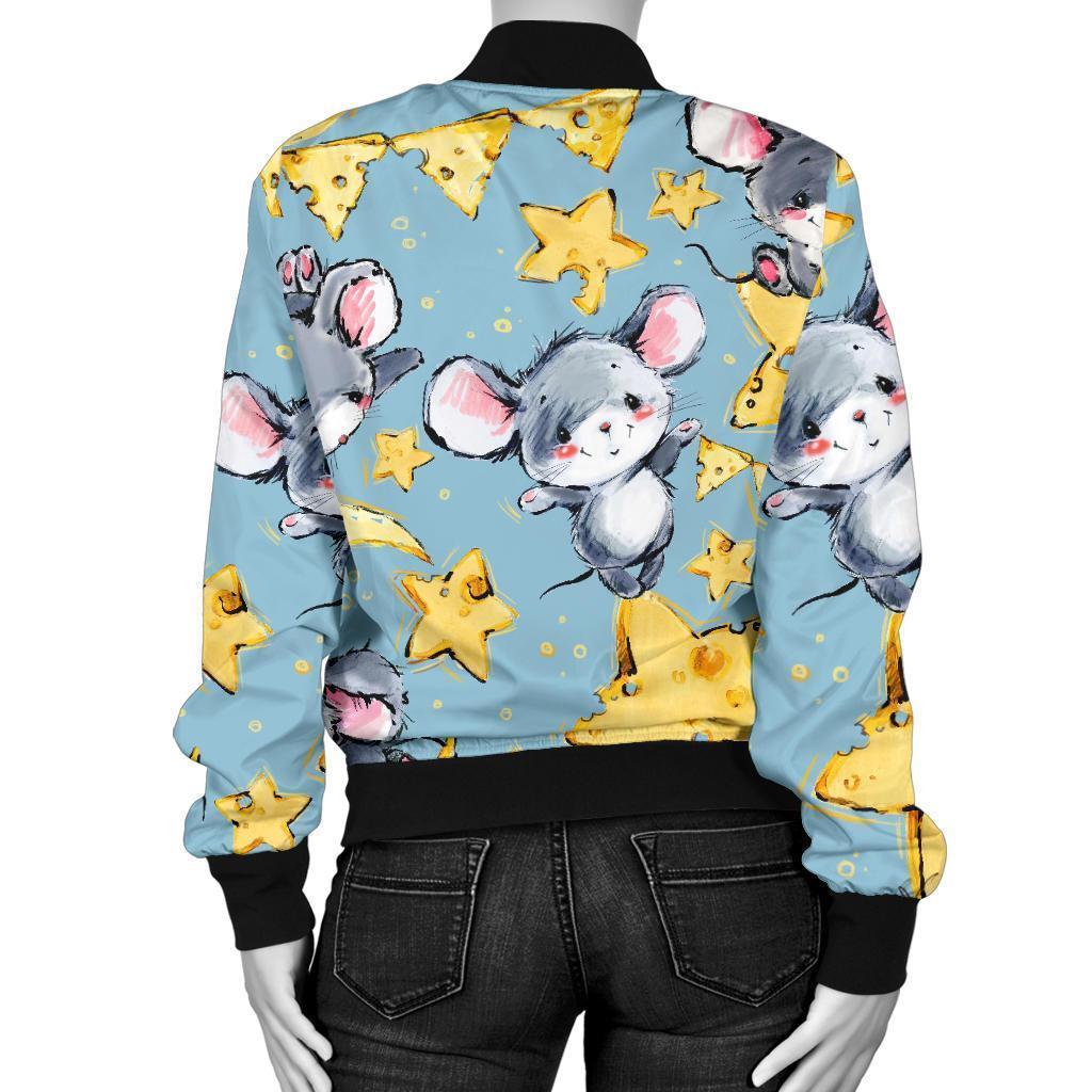 Mouse Cheese Pattern Print Women Casual Bomber Jacket-grizzshop