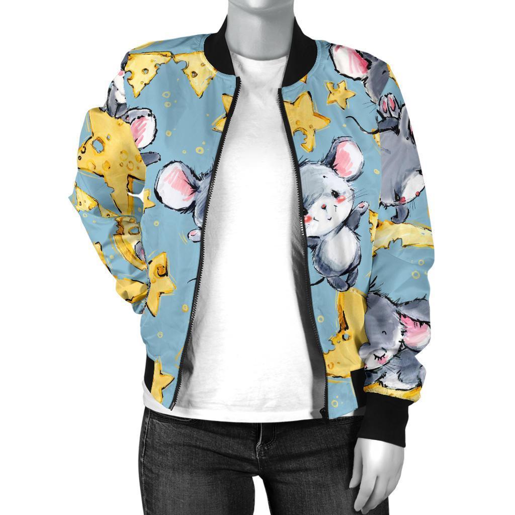 Mouse Cheese Pattern Print Women Casual Bomber Jacket-grizzshop