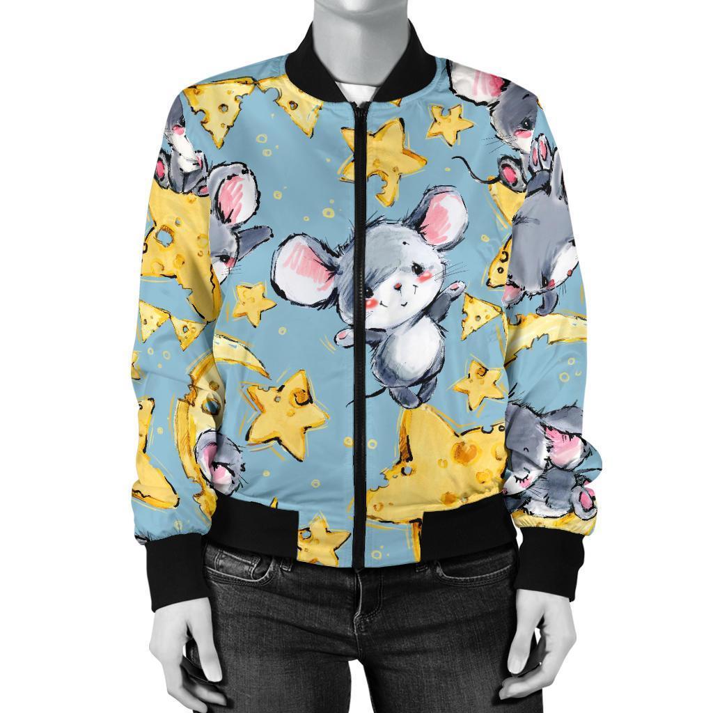 Mouse Cheese Pattern Print Women Casual Bomber Jacket-grizzshop