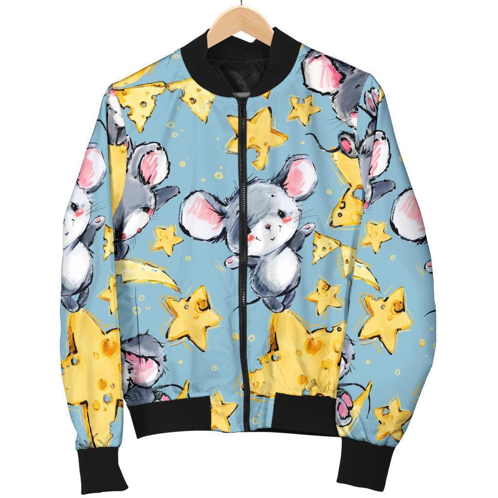 Mouse Cheese Pattern Print Women Casual Bomber Jacket-grizzshop