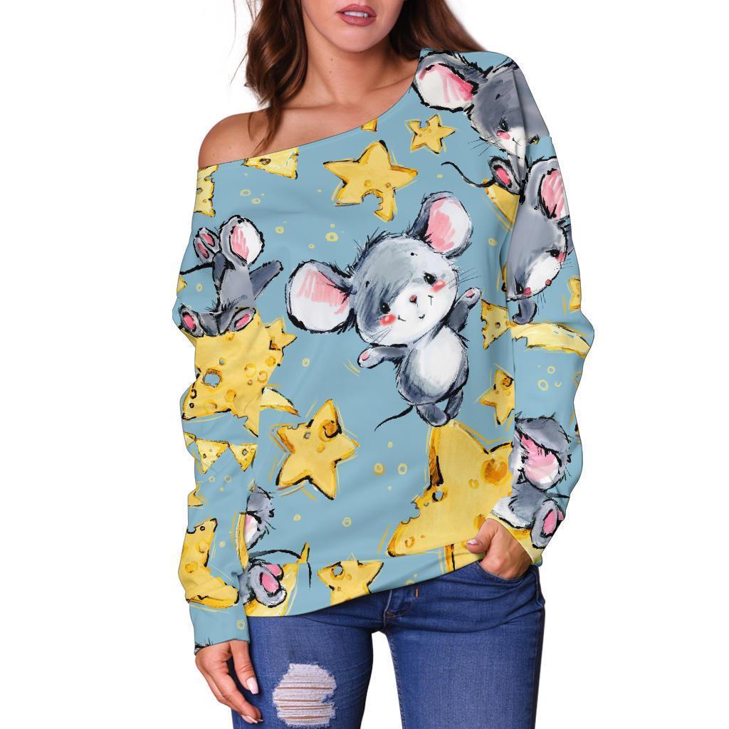 Mouse Cheese Pattern Print Women Off Shoulder Sweatshirt-grizzshop