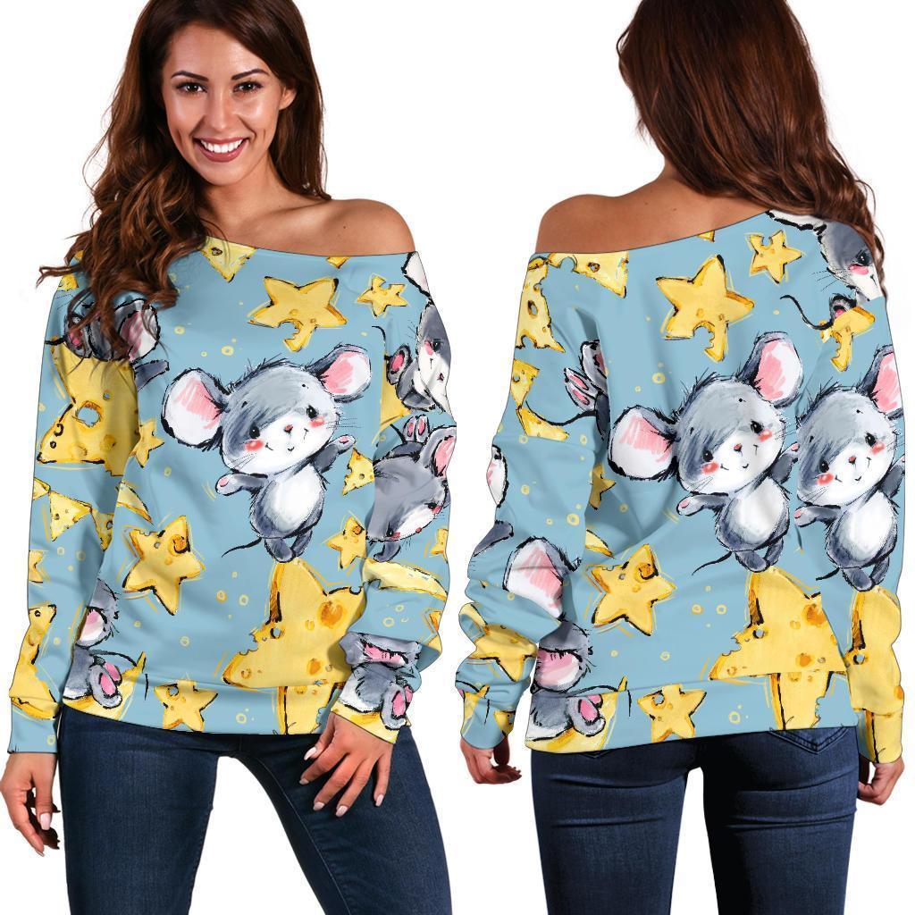 Mouse Cheese Pattern Print Women Off Shoulder Sweatshirt-grizzshop