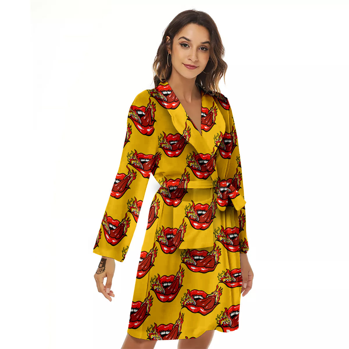 Mouth And Tongue Sticking Fire Print Pattern Women's Robe-grizzshop