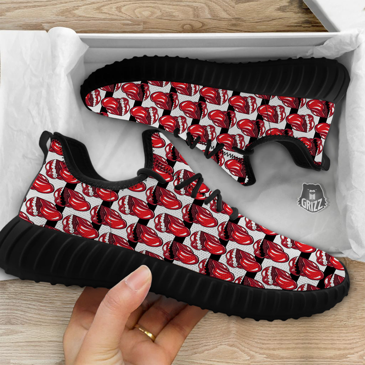 Mouth And Tongue Stripe Print Pattern Black Walking Shoes-grizzshop