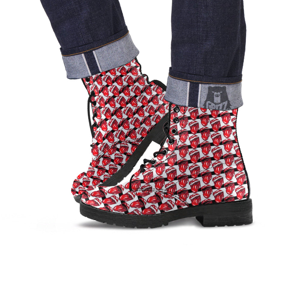 Mouth And Tongue Stripe Print Pattern Leather Boots-grizzshop